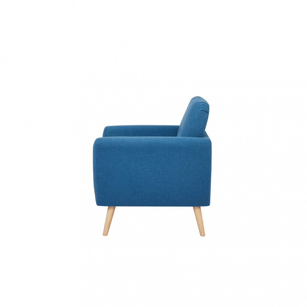 Profilo laterale della poltrona Burton in tessuto blu, che mette in risalto l'inclinazione ergonomica dello schienale e la profondità della seduta.
