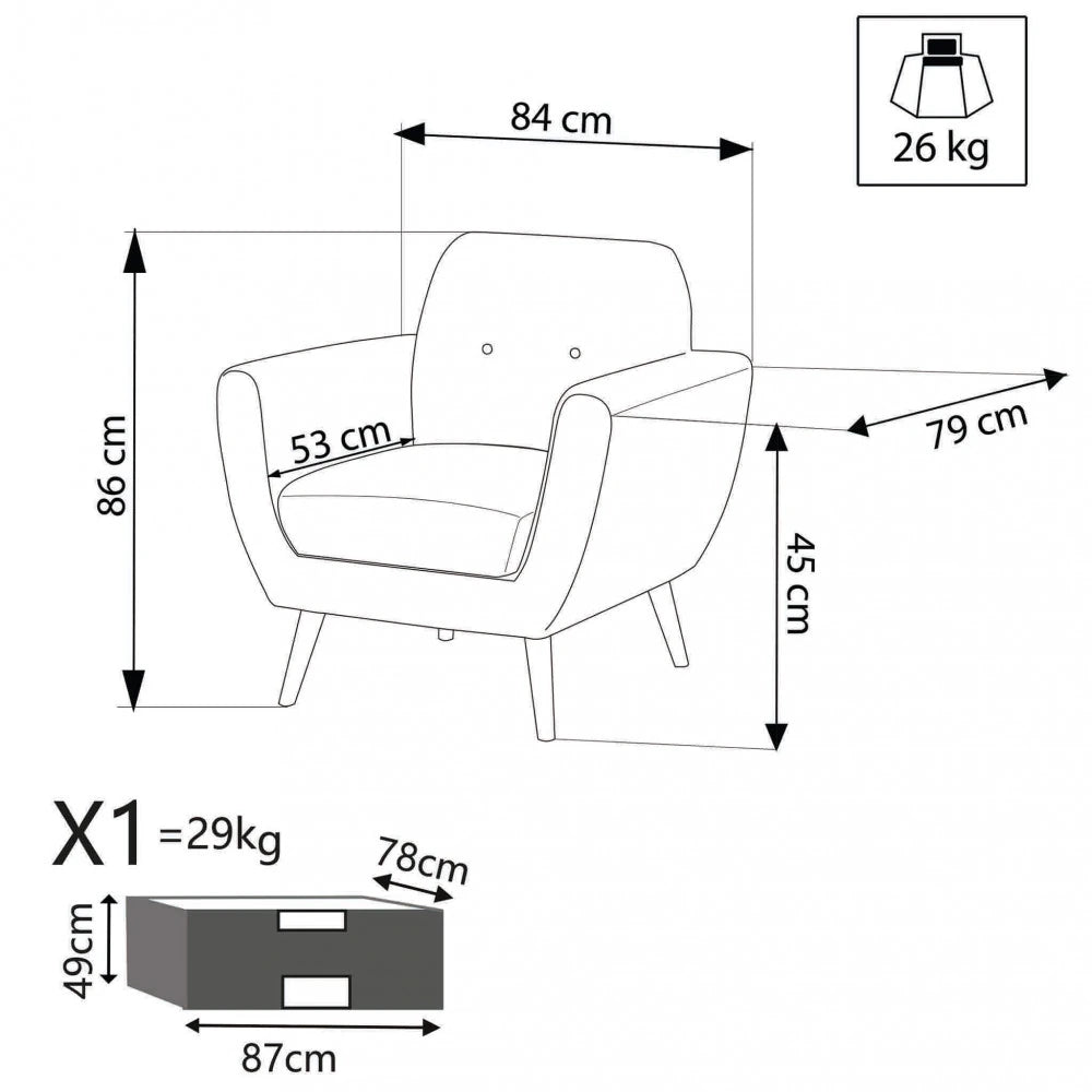 Poltrona Burton in Tessuto Grigio Scuro (84 cm) con bottoni decorativi, gambe in polipropilene, design moderno, schema e misure