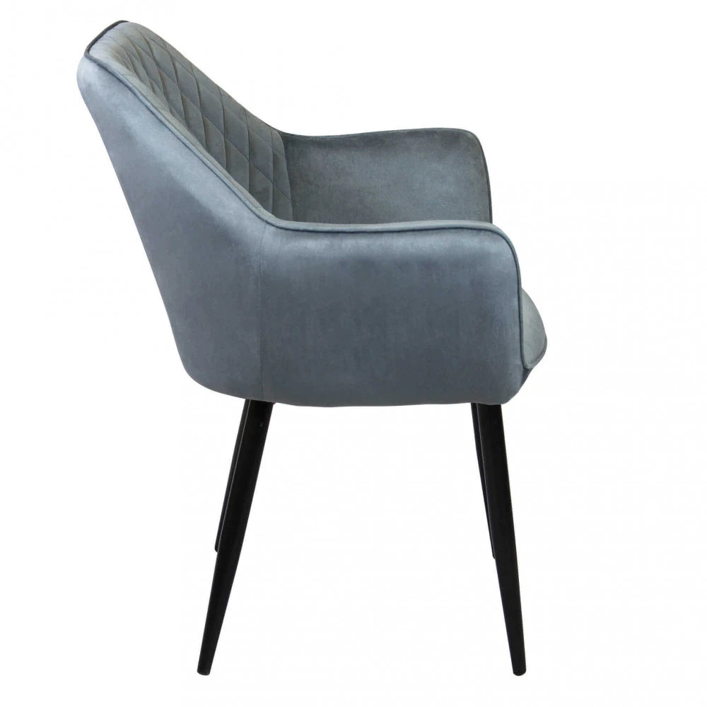 Poltrona Candy in velluto grigio, design moderno su base in metallo, per salotto, vista laterale