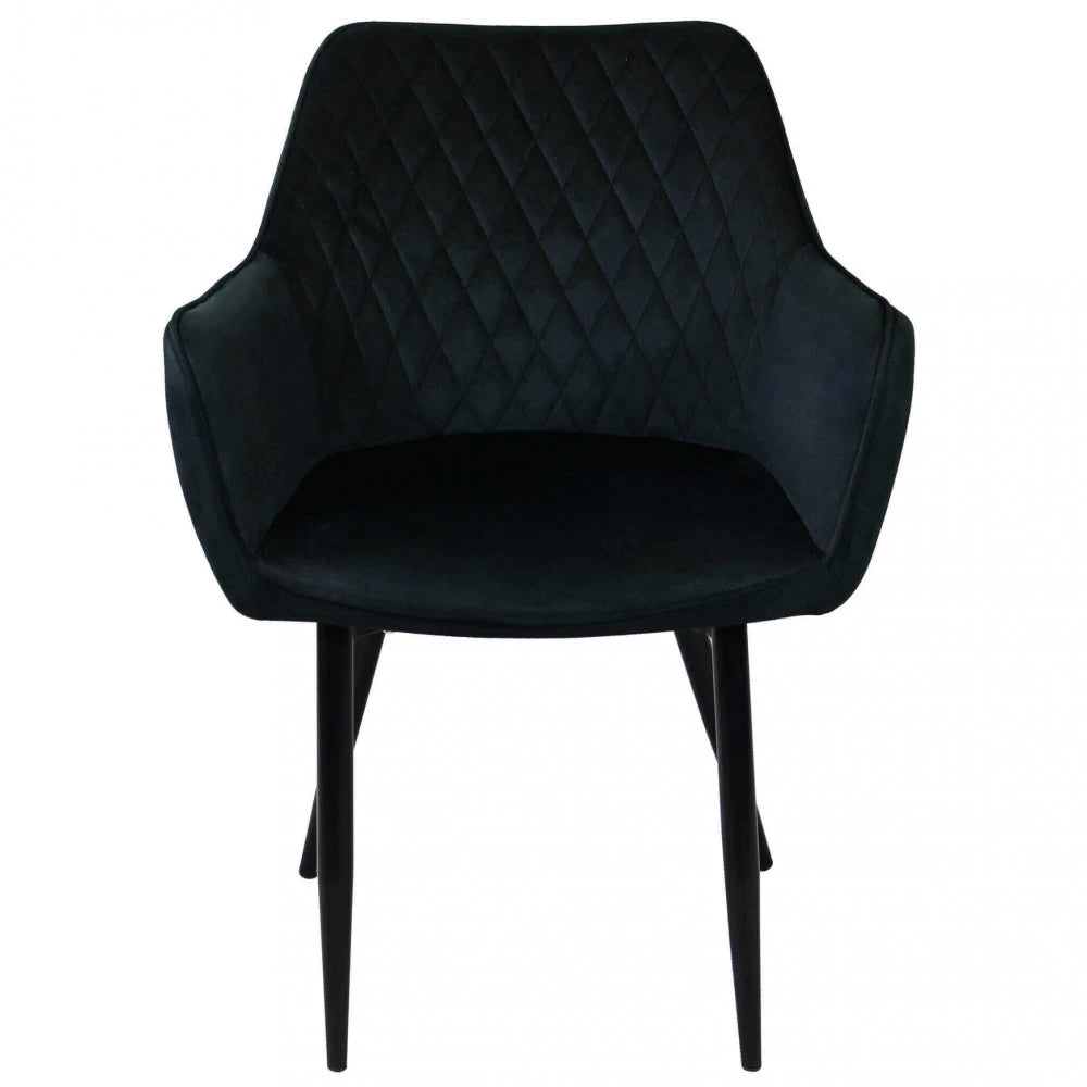 Poltrona Candy in velluto nero con struttura in metallo, stile elegante e moderno vista frontale