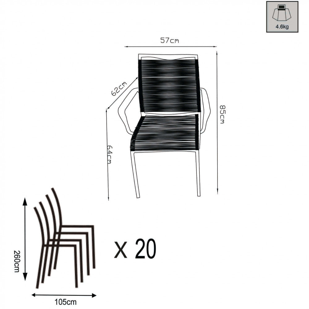 Disegno tecnico della Poltrona Catalina con quote dimensionali: 57x62x85 cm, altezza braccioli 64 cm, peso 4.6 kg e impilabilità fino a 20 pezzi.