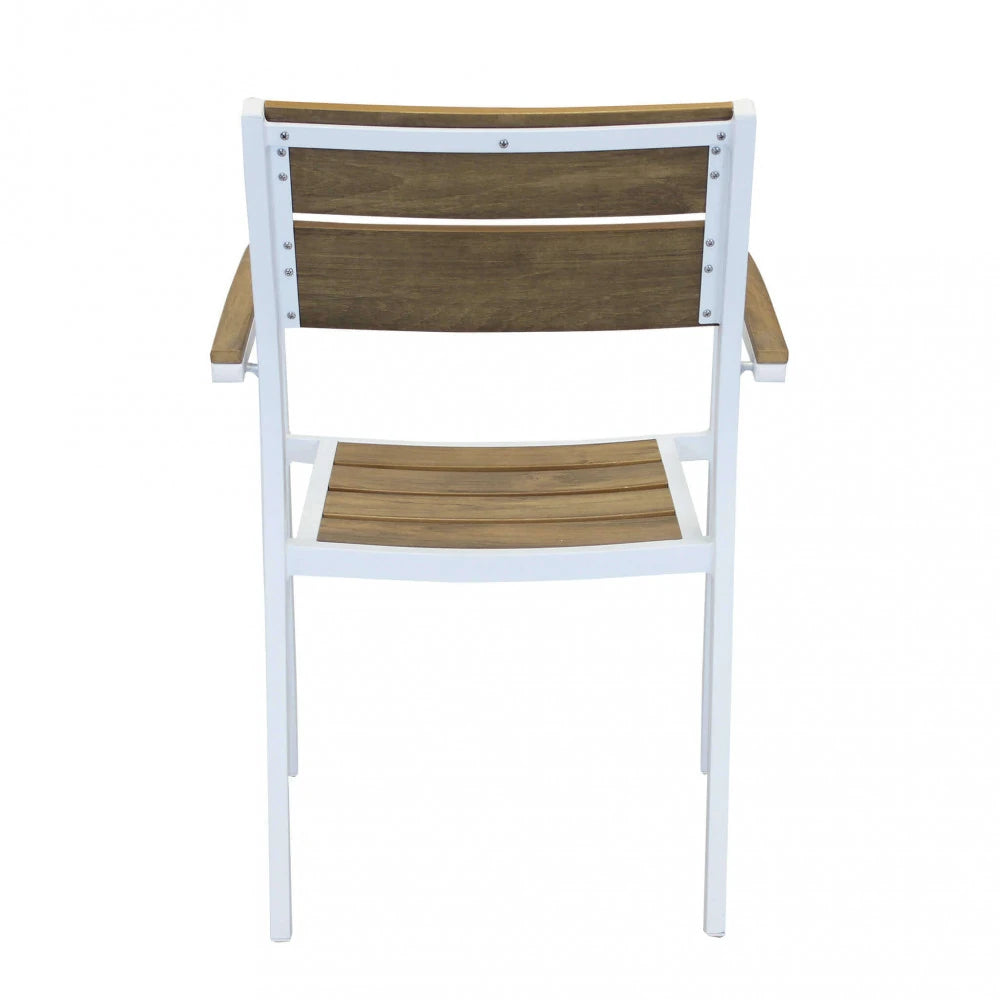 Poltrona Cayman Bianca impilabile con struttura in alluminio e seduta in textilene, design avvolgente per esterno, vista posteriore