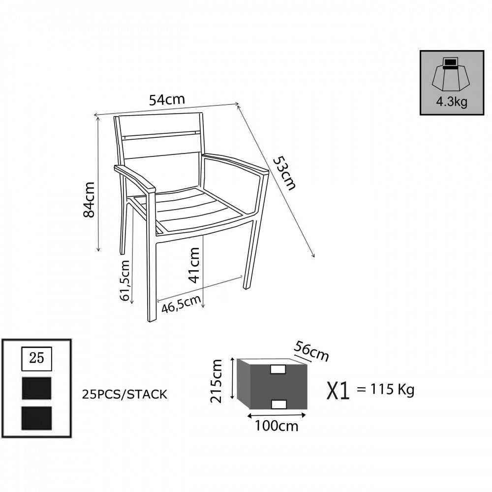 Disegno tecnico della poltrona CAYMAN con quote dimensionali dettagliate e specifiche di imballaggio.