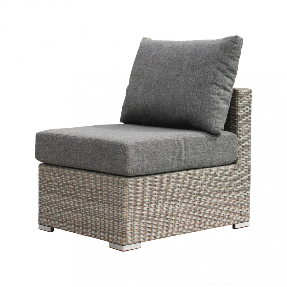 Poltrona centrale Copacabana in alluminio e wicker grigio con cuscini spessi 12 cm.