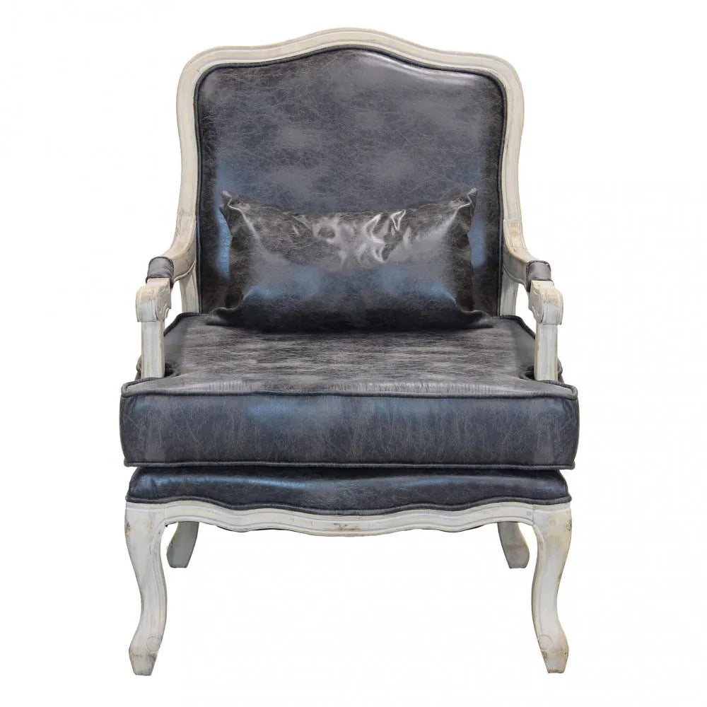 Poltrona bergère Christy in ecopelle grigio vintage con struttura in legno per salotto vista frontale