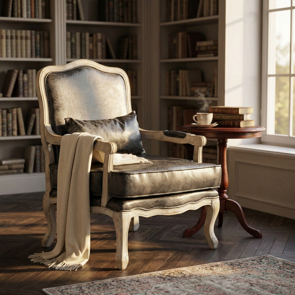Poltrona Christy in ecopelle grigio scuro ambientata in una classica sala lettura con libreria e tavolino in legno.