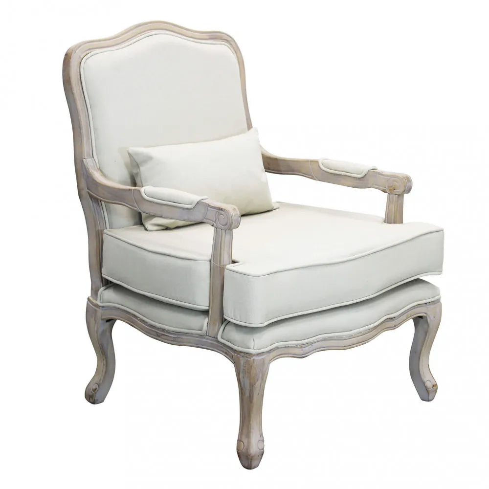 Poltrona bergère Christy in tessuto chiaro bianco vintage con struttura in legno decapato