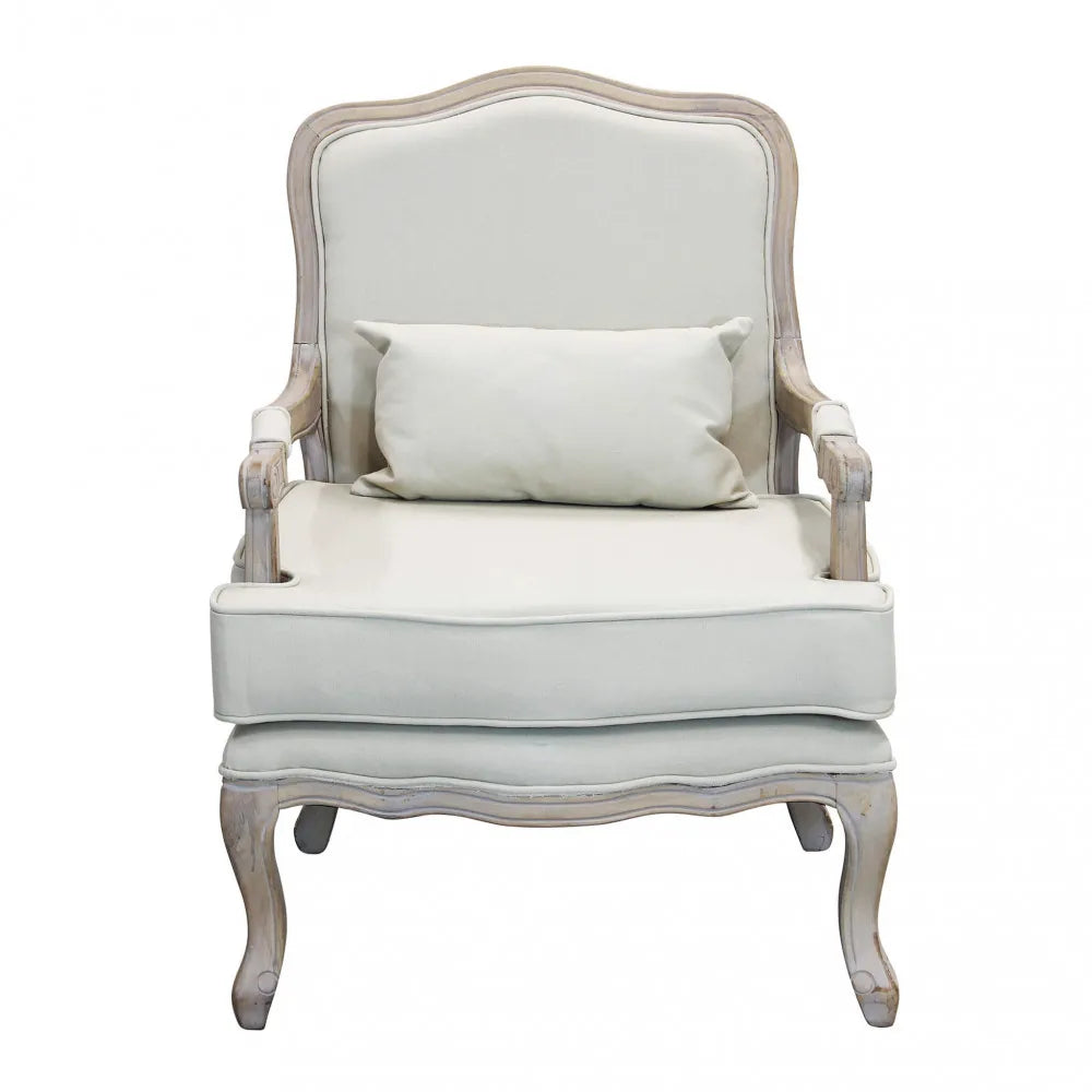 Poltrona bergère Christy in tessuto chiaro bianco vintage con struttura in legno decapato vista frontale