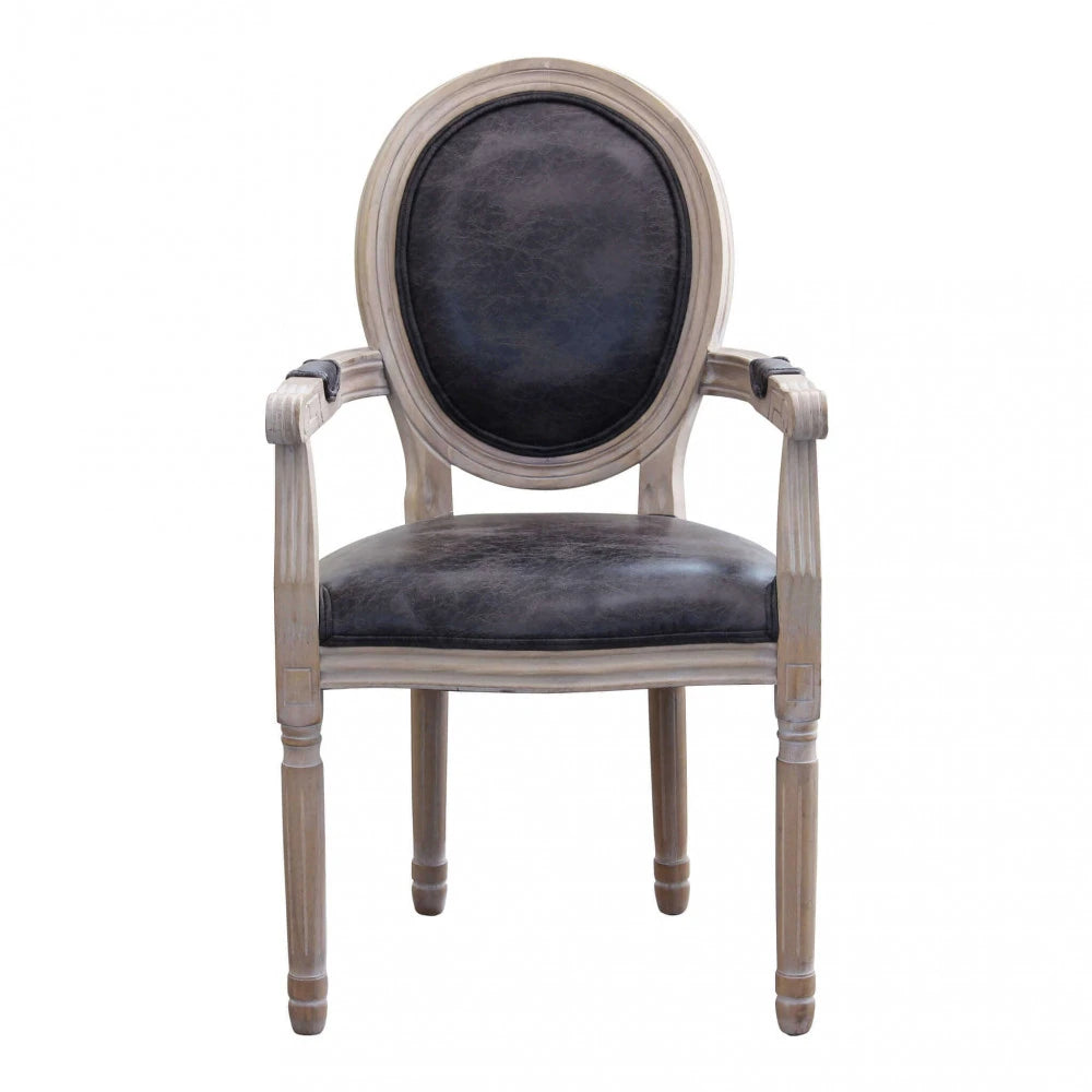 Poltrona Constance imbottita in ecopelle nera, con braccioli e struttura in legno, ideale per ufficio o soggiorno vista frontale