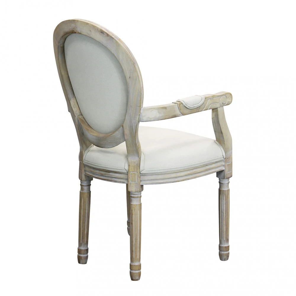 Poltrona Constance imbottita in tessuto bianco, con braccioli e struttura in legno vintage, per un design luminoso panoramica retro