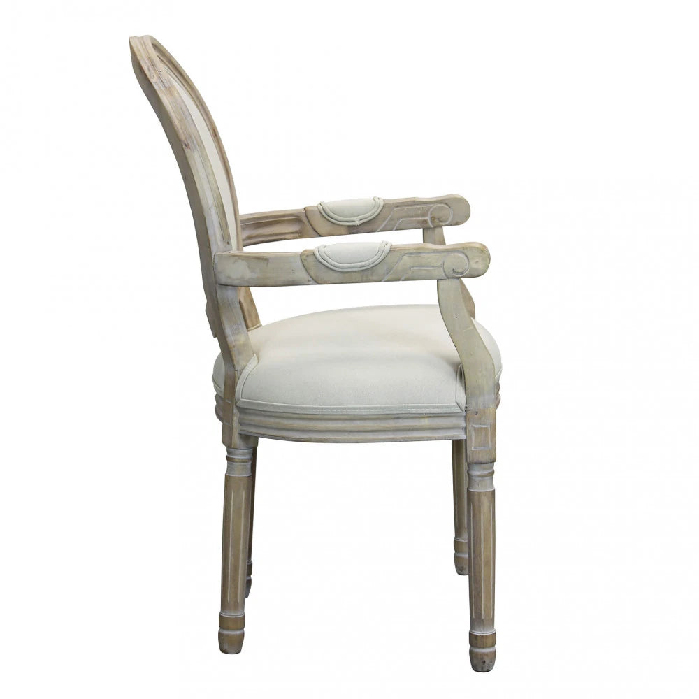 Poltrona Constance imbottita in tessuto bianco, con braccioli e struttura in legno vintage, per un design luminoso vista laterale