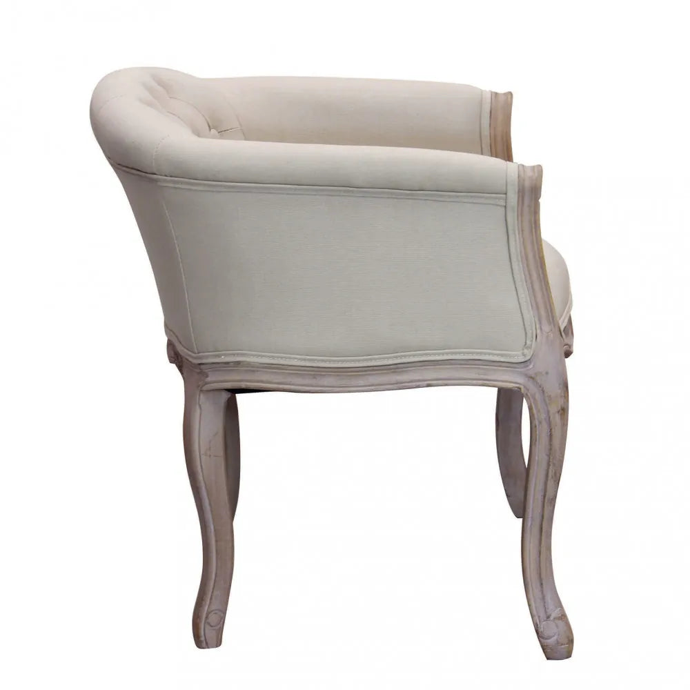 Poltrona Coreen in tessuto beige chiaro con braccioli e struttura in legno 61cm vista laterale