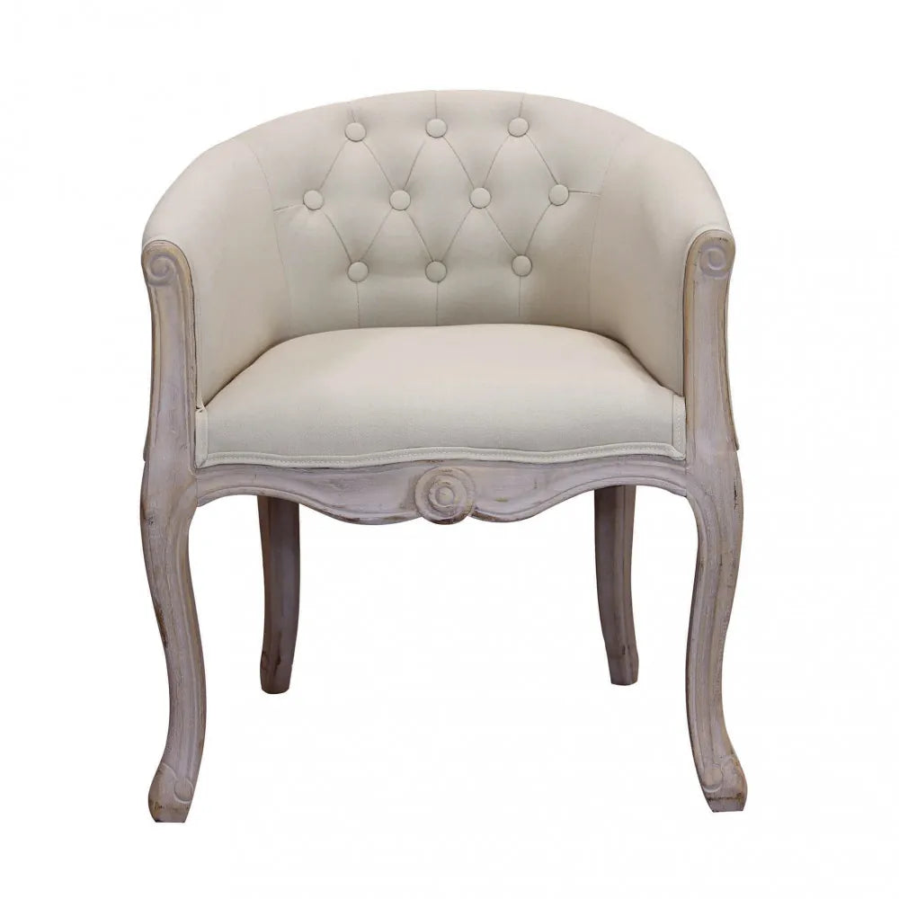 Poltrona Coreen in tessuto beige chiaro con braccioli e struttura in legno 61cm vista frontale