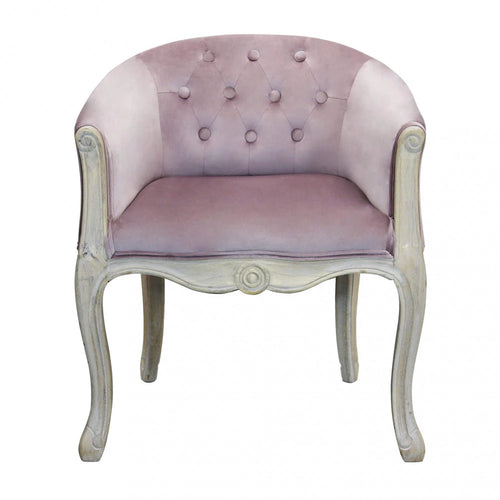 Poltrona Coreen in velluto rosa antico con braccioli e struttura in legno vista frontale