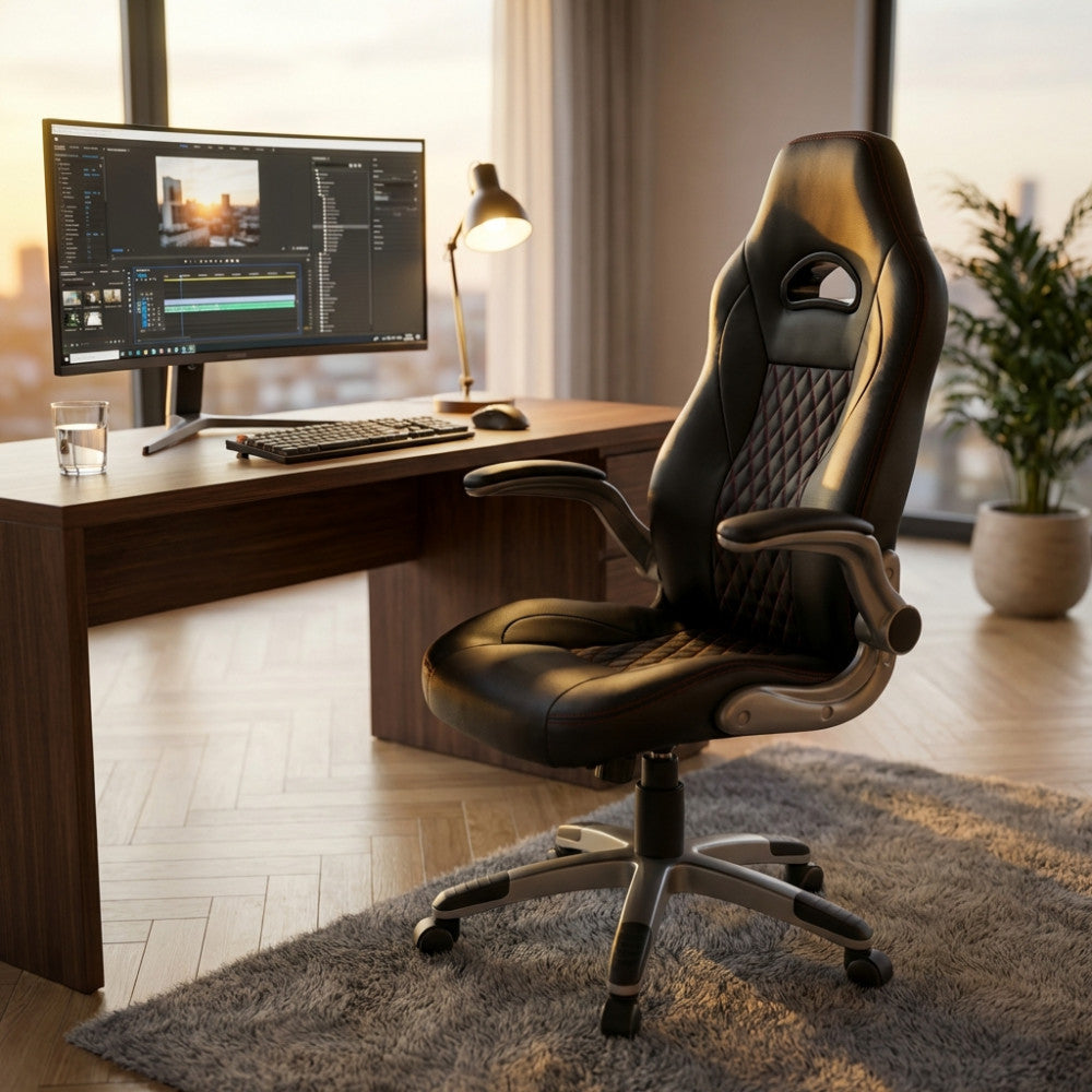 Poltrona da ufficio ergonomica nera posizionata accanto a una scrivania in legno illuminata dalla luce naturale.