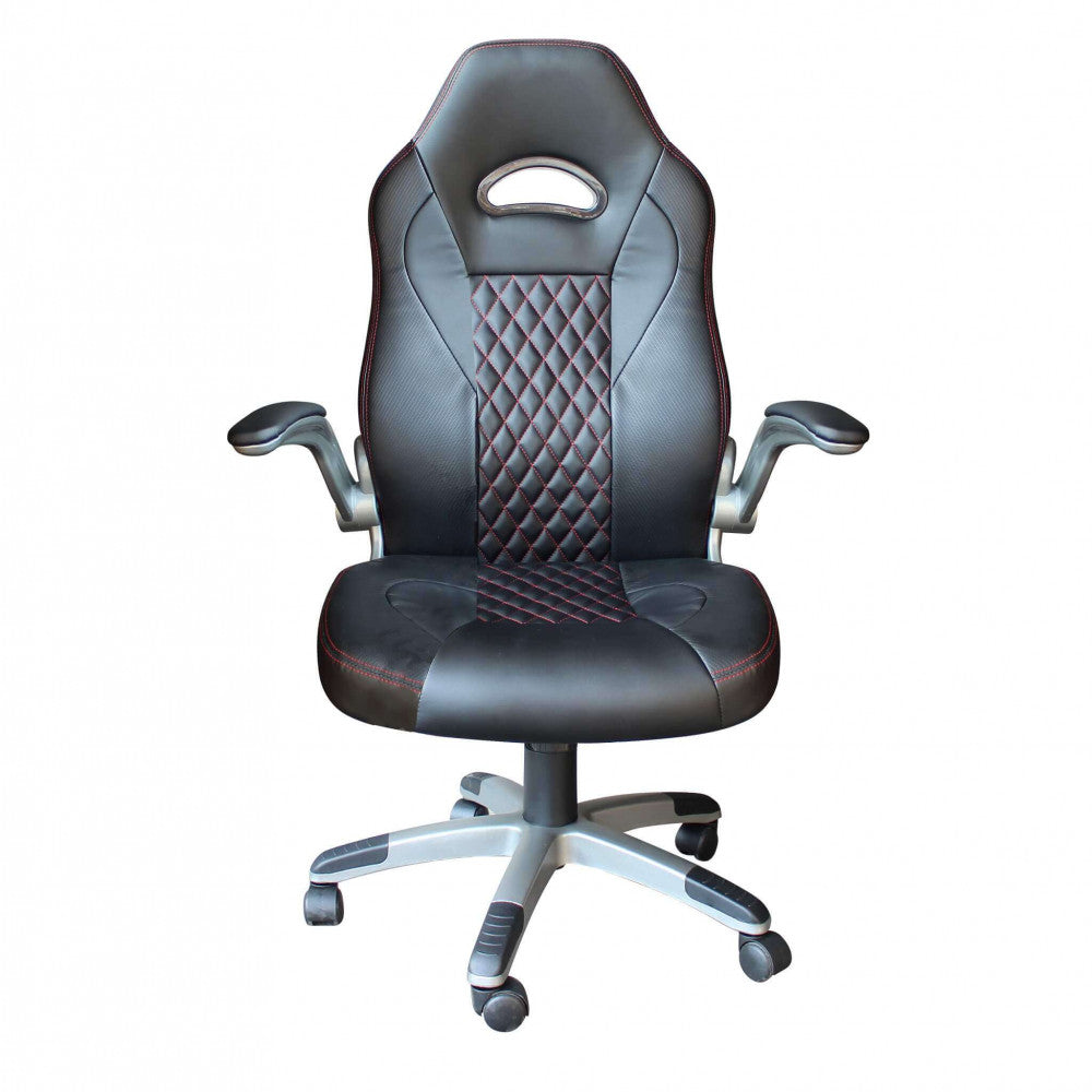 Vista frontale della poltrona da gaming con braccioli, evidenziando il design ergonomico e la base a stella.