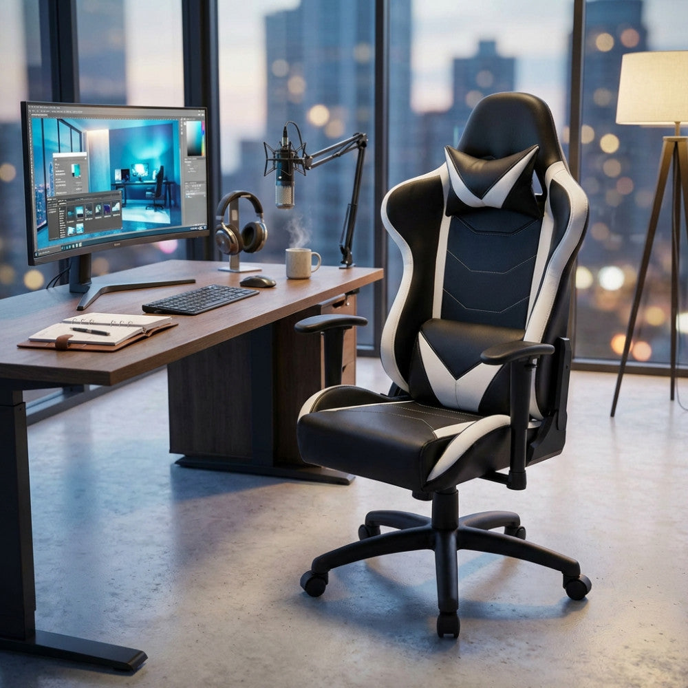 Poltrona da gaming Fallout in poliuretano bianco e nero inserita in un ufficio moderno con vista panoramica sulla città.