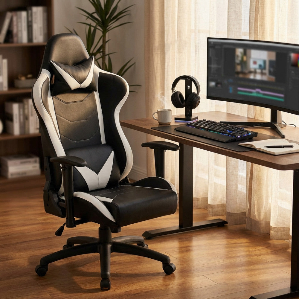 Poltrona da ufficio ergonomica Fallout ambientata in uno studio domestico dal design caldo e accogliente.