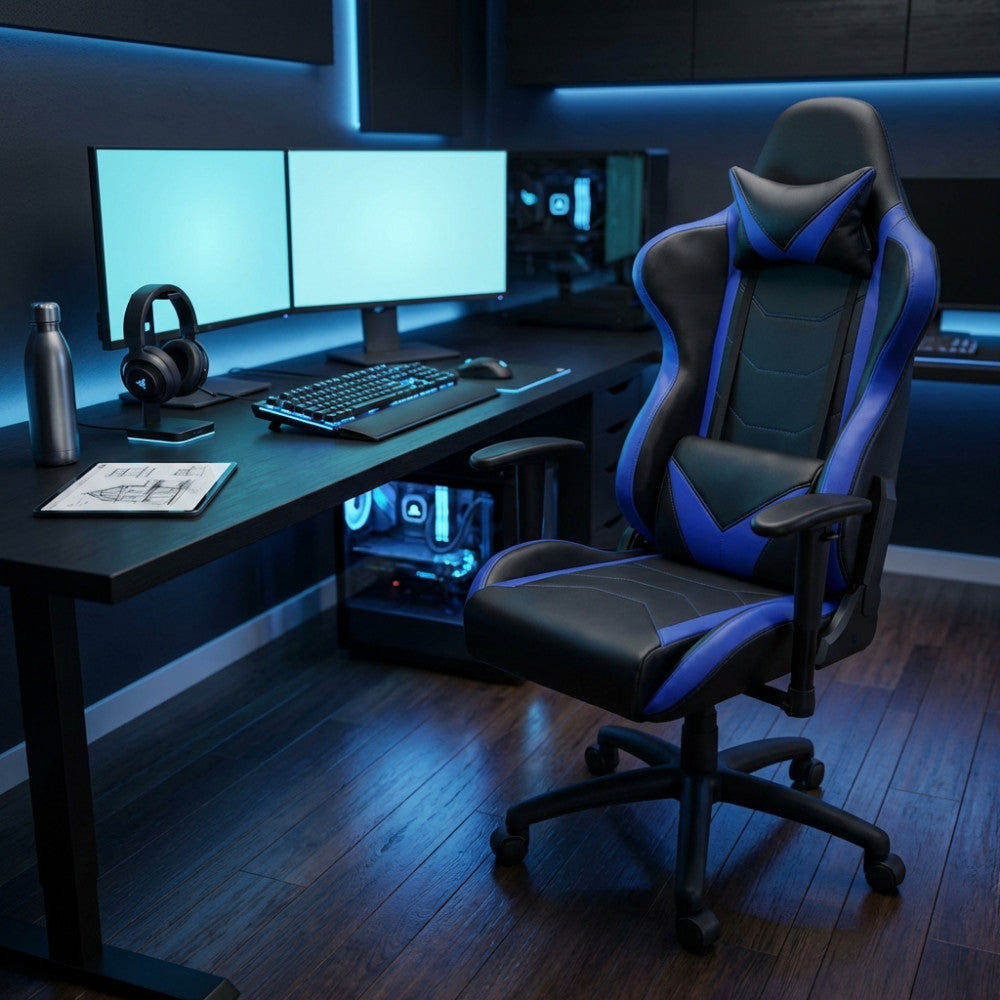 Poltrona da ufficio Fallout in poliuretano blu e nero, ambientata in una moderna postazione da gaming con luci LED azzurre.