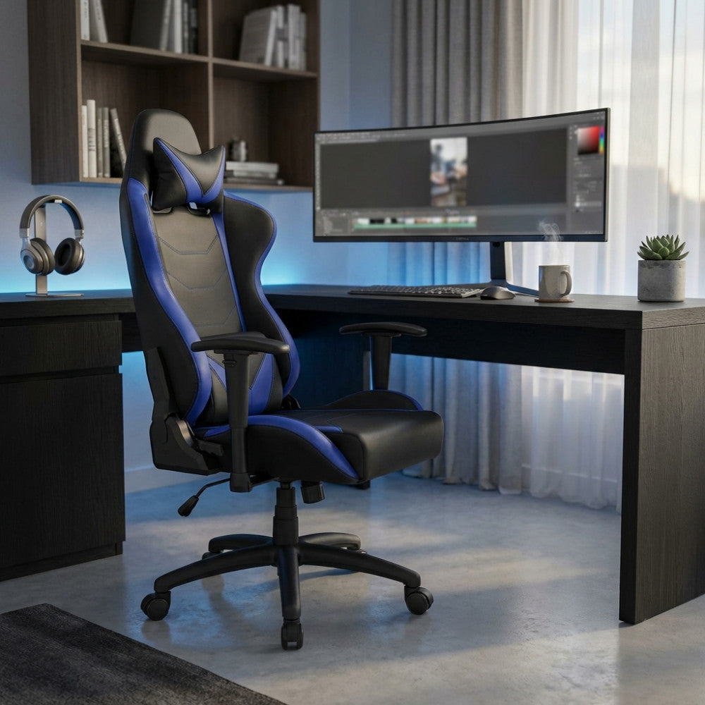 Poltrona da ufficio Fallout blu e nera, posizionata davanti a una scrivania minimalista in un luminoso studio contemporaneo.