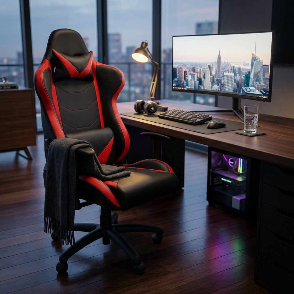 Poltrona da gaming Fallout rossa e nera inserita in un elegante studio moderno con vista panoramica sulla città.
