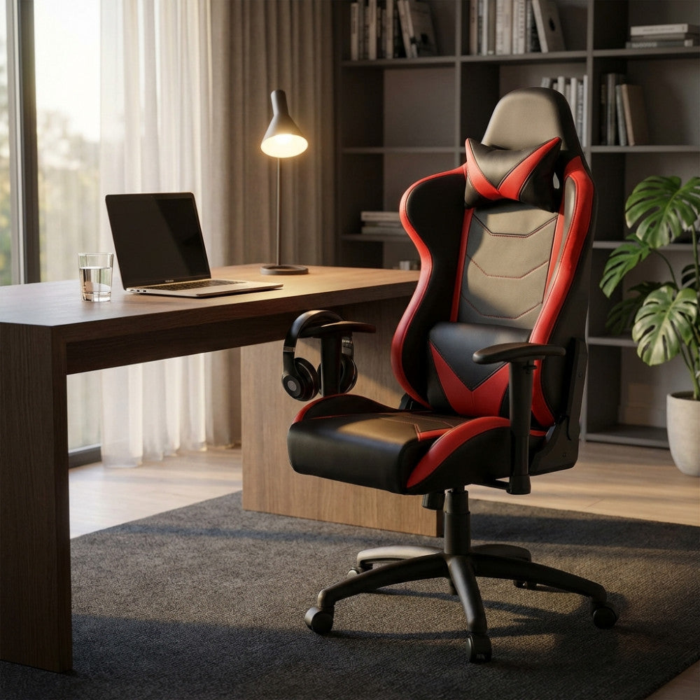Vista angolare della poltrona da ufficio Fallout in poliuretano premium accanto a una scrivania in legno scuro.
