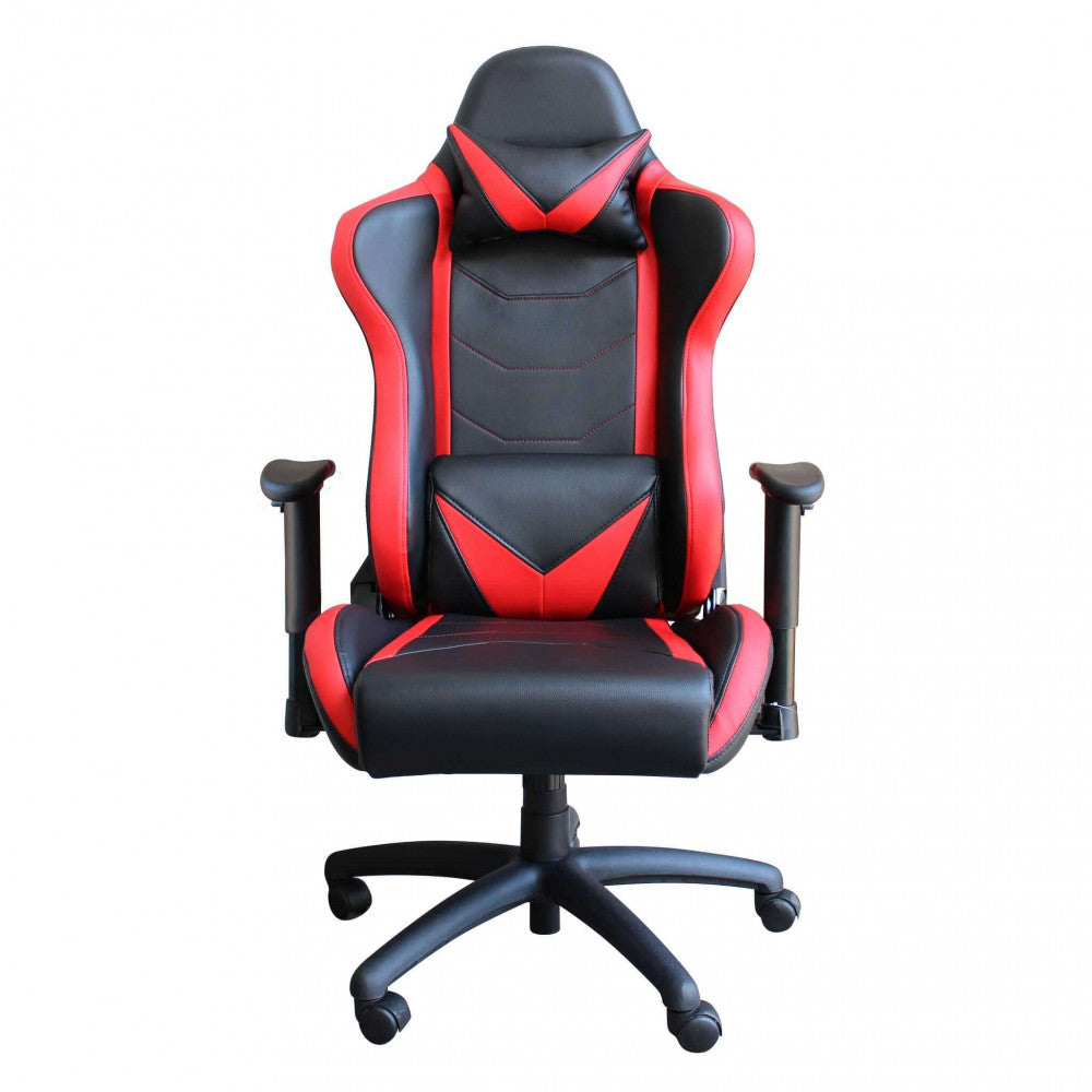 Visione frontale completa della poltrona Fallout, mostrando la simmetria del design e i supporti laterali.