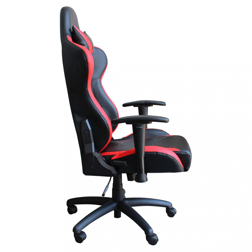 Profilo laterale della poltrona da gaming, che illustra la curvatura ergonomica dello schienale e la struttura dei braccioli.