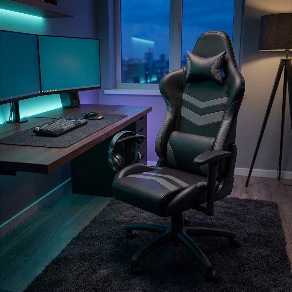 Poltrona da gaming ergonomica con braccioli, illuminata da luci LED azzurre in una stanza dal design contemporaneo.