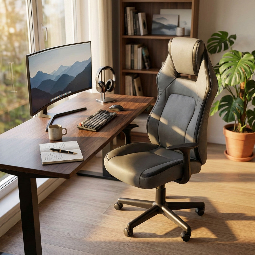 Poltrona da ufficio ergonomica grigia posizionata accanto a una scrivania in legno illuminata dalla luce naturale.
