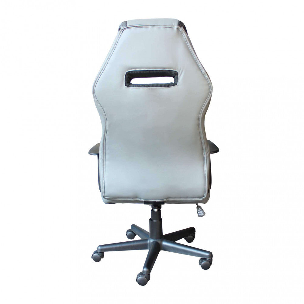 Vista posteriore della poltrona da gaming grigia, sottolineando la struttura robusta e le cuciture sartoriali.