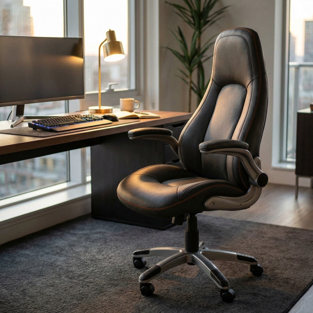Poltrona da gaming HALO in poliuretano grigio ambientata in un ufficio moderno con vista panoramica.