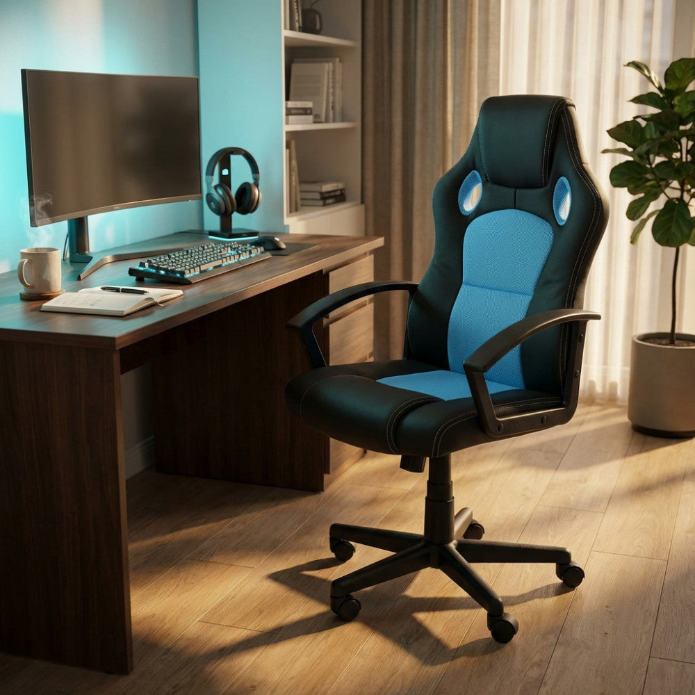 Poltrona da gaming Uncharted ambientata in uno studio moderno con scrivania in legno e illuminazione calda.