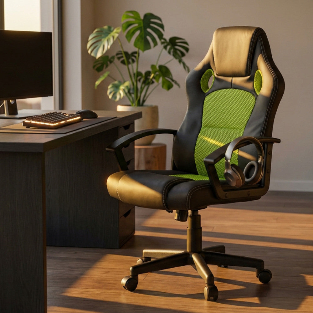 Poltrona da gaming Uncharted in poliuretano verde lime e nero, ambientata in uno studio moderno con scrivania in legno scuro e luce naturale.