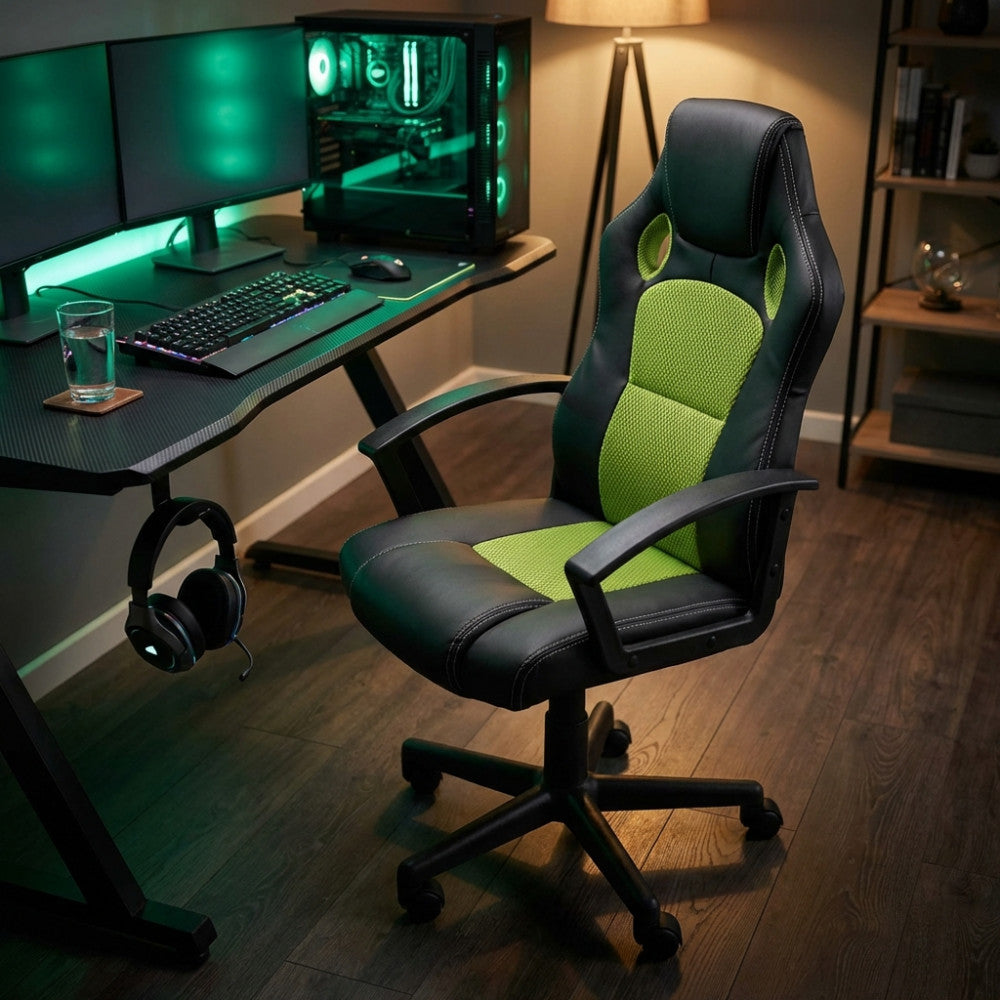 Vista laterale della poltrona da gaming Uncharted inserita in una postazione tecnologica con illuminazione LED verde e doppio monitor.