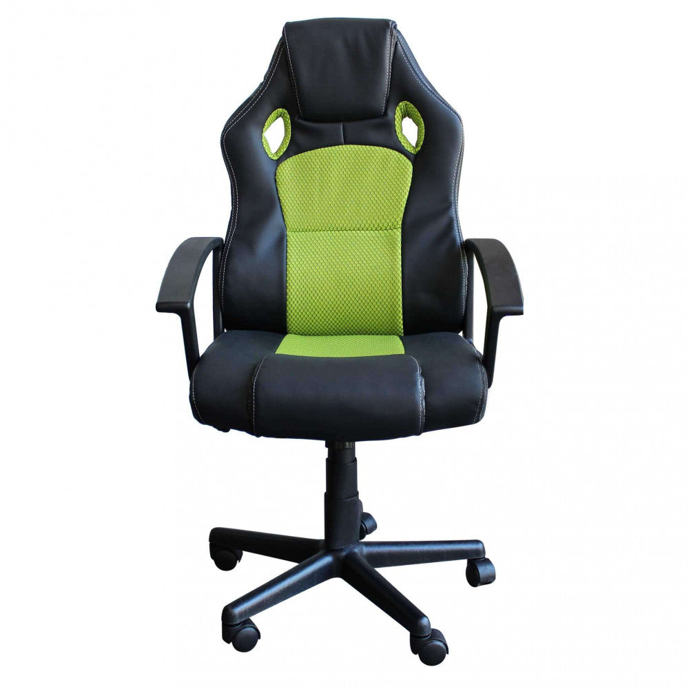 Inquadratura frontale simmetrica della poltrona da gaming, che esalta il contrasto cromatico tra il nero e il verde lime.
