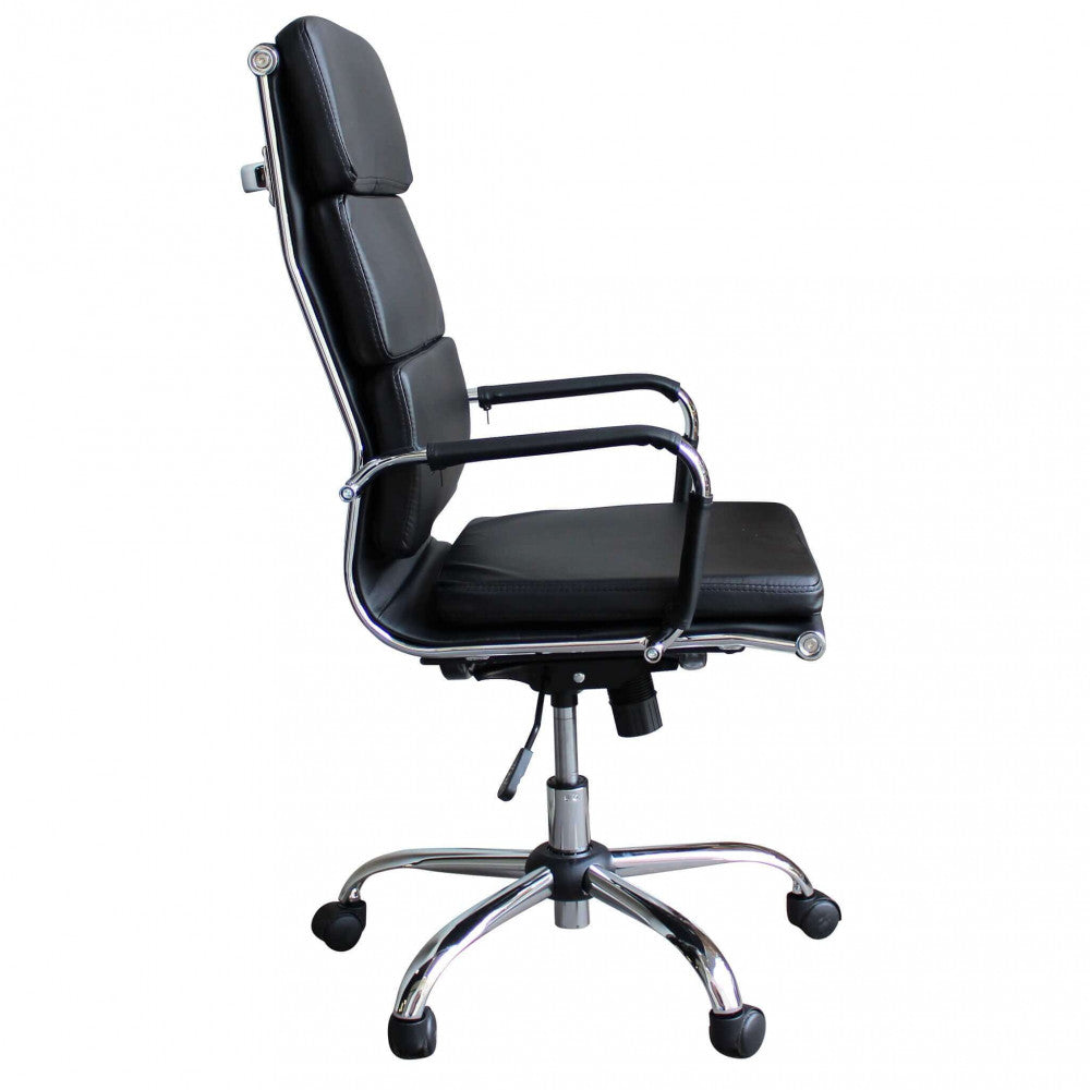 Profilo laterale della poltrona direzionale che evidenzia la curvatura ergonomica dello schienale.
