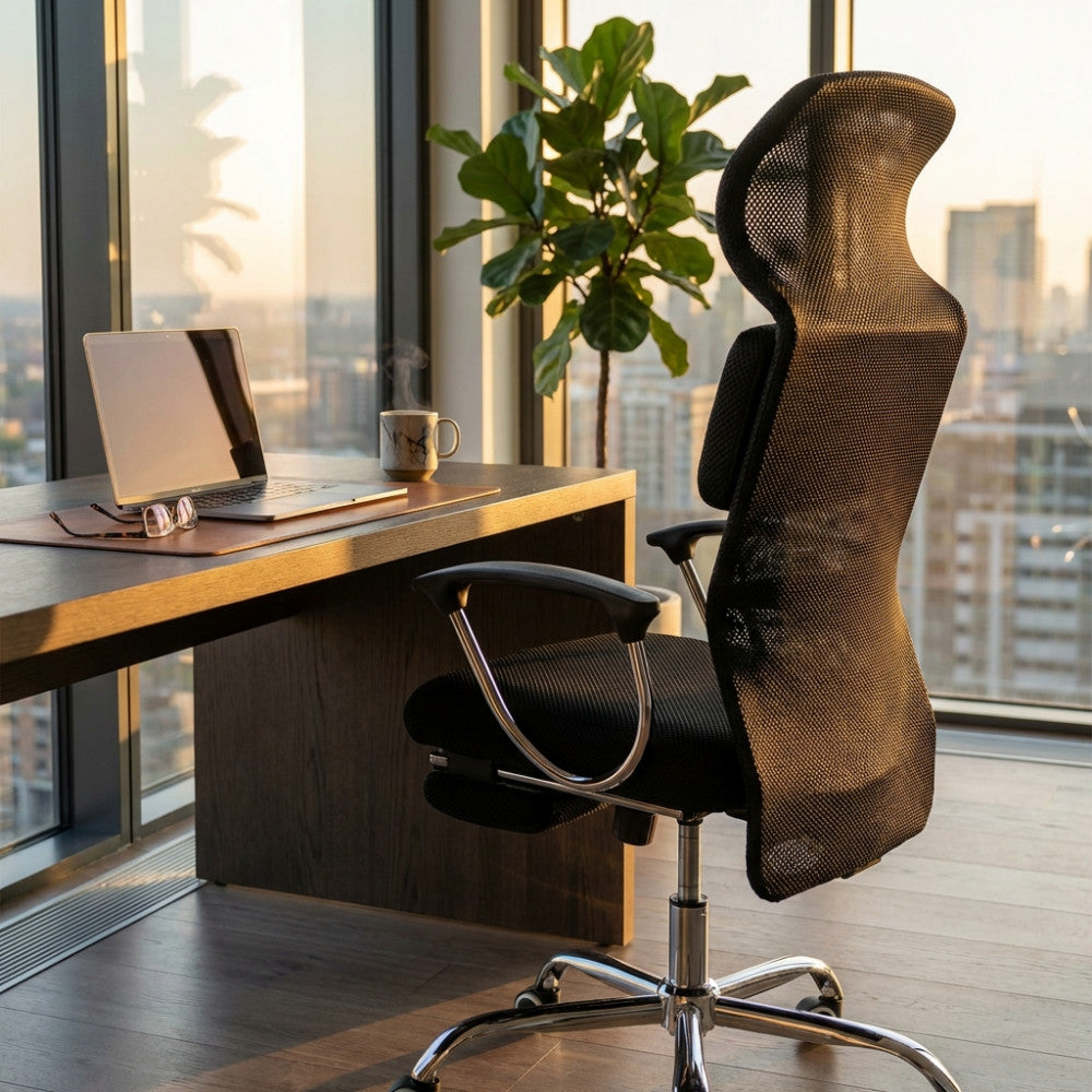 Vista posteriore della poltrona ergonomica Haley con schienale in rete tecnica, in un ambiente di lavoro luminoso.