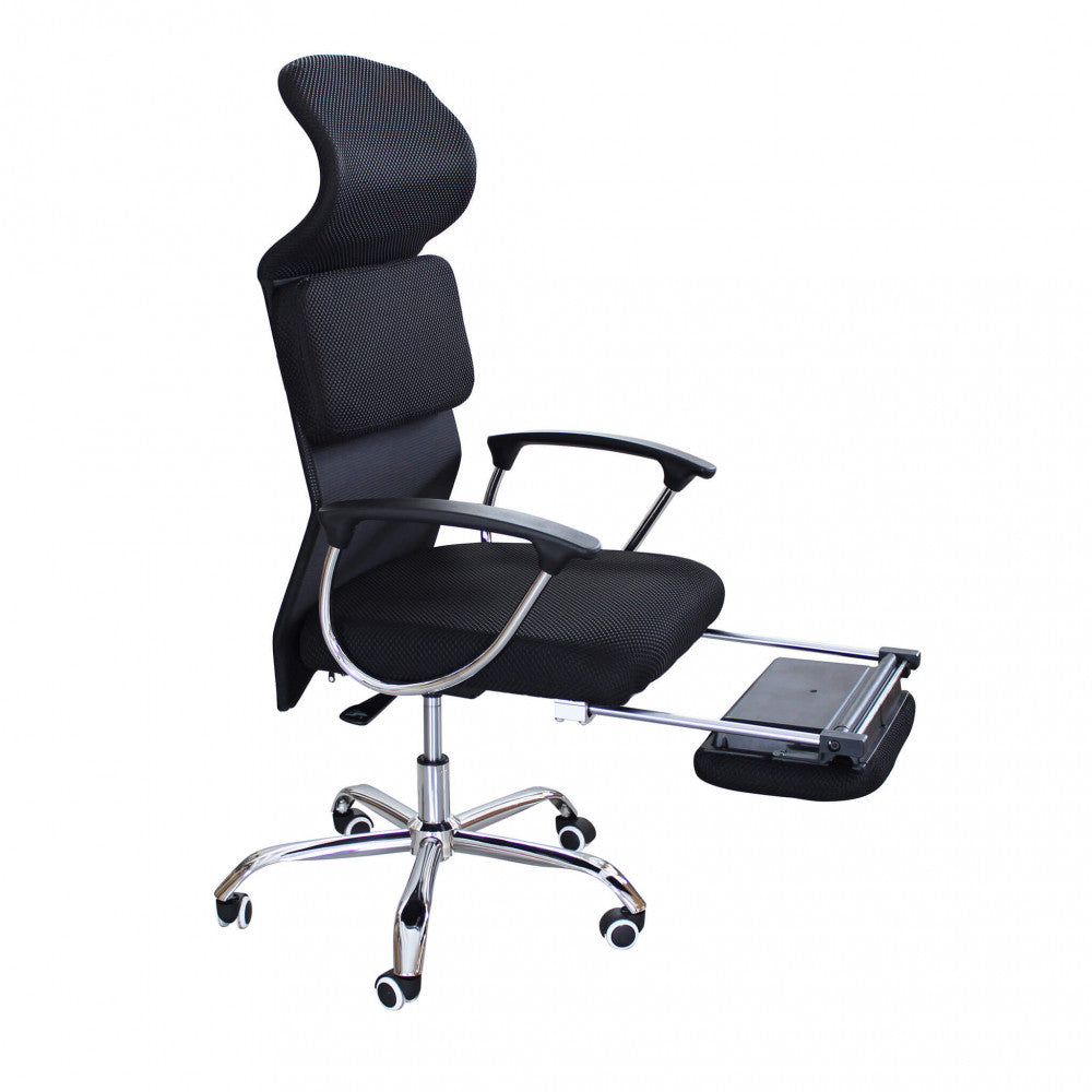 Vista laterale della seduta ergonomica con poggiapiedi esteso, evidenziando la struttura inferiore in metallo.
