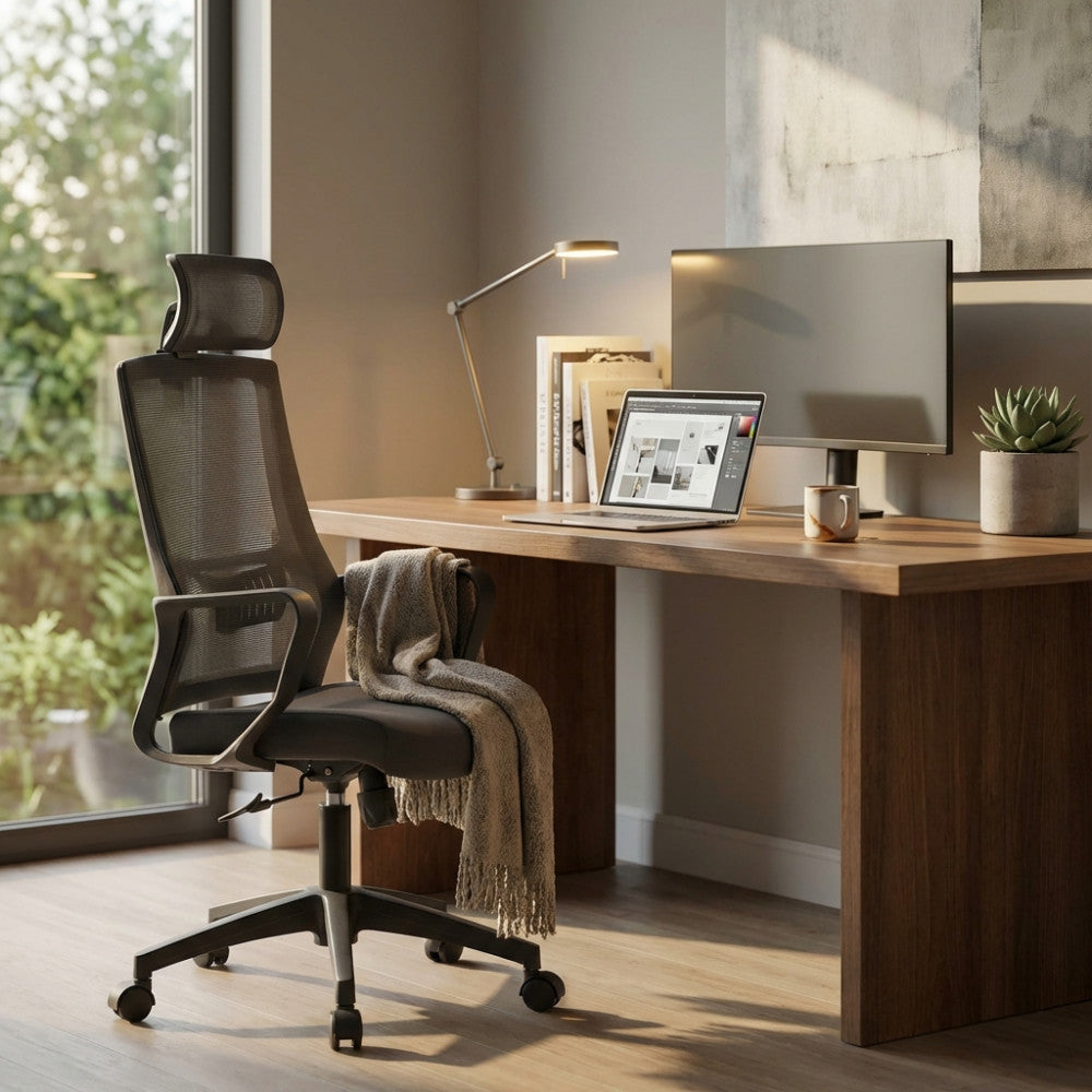 Poltrona da ufficio Tess nera in metallo e plastica, ambientata in uno studio moderno con scrivania in legno, laptop e luce naturale.