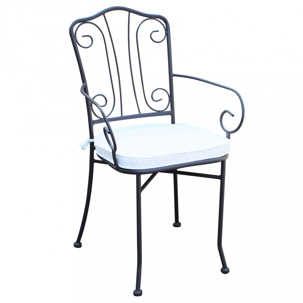 Poltrona da Esterno Demetra in ferro verniciato antracite con cuscino bianco.