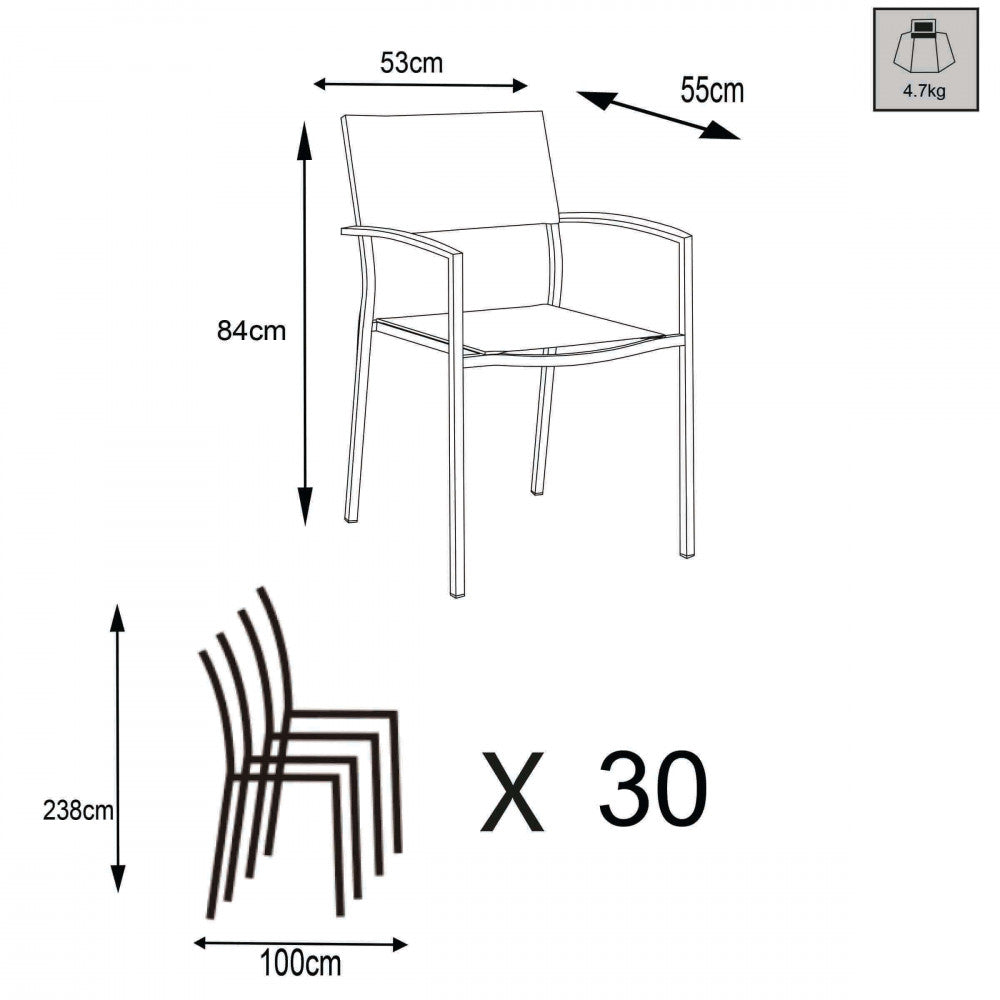 Disegno tecnico della poltrona Florida con quote dimensionali: 53 cm di larghezza, 55 cm di profondità, 84 cm di altezza e schema di impilabilità.