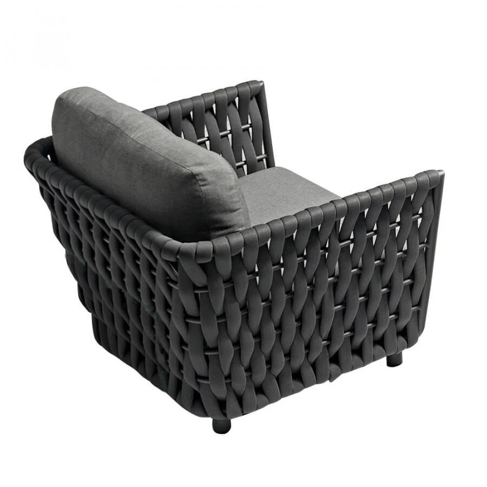 Poltrona Galapagos da esterno in Alluminio Antracite, rivestimento Corda PVC e cuscini 15 cm idrorepellenti, vista posteriore