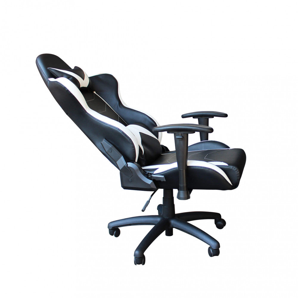 Poltrona da gaming modello Fallout bianca e nera, con schienale alto e braccioli, vista frontale vista reclinata