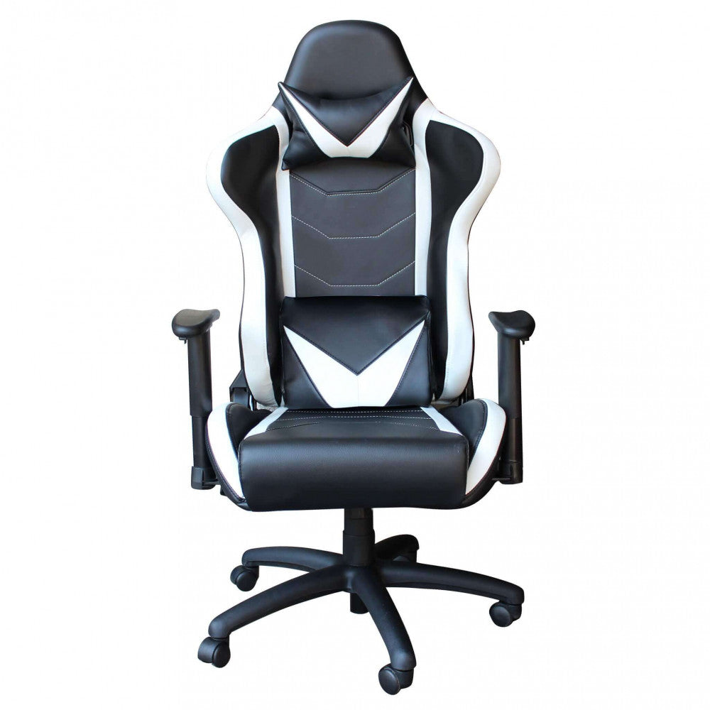 Poltrona da gaming modello Fallout bianca e nera, con schienale alto e braccioli, vista frontale.