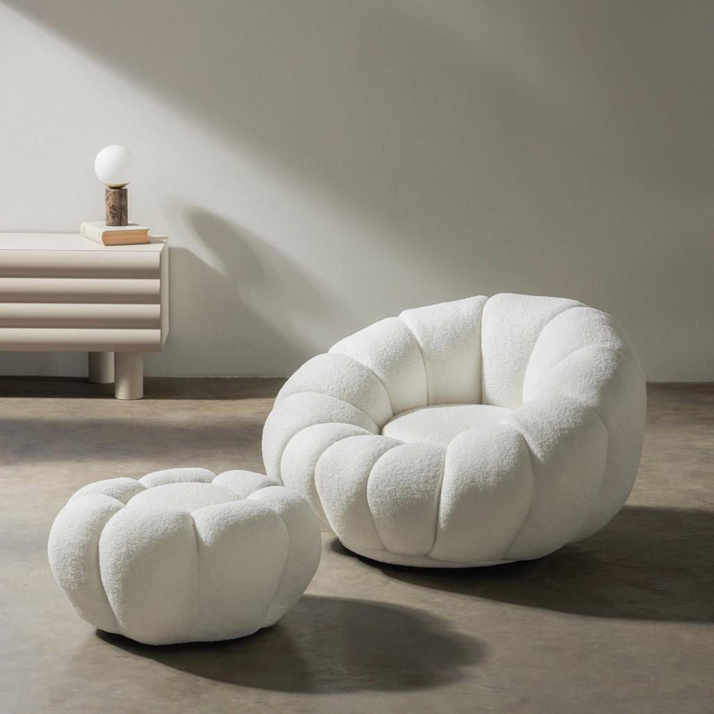 Poltrona girevole Loel in bouclé bianco dalle forme tonde - NN-LOE-UPH-ARM-OFFWHI-147 - foto 2
