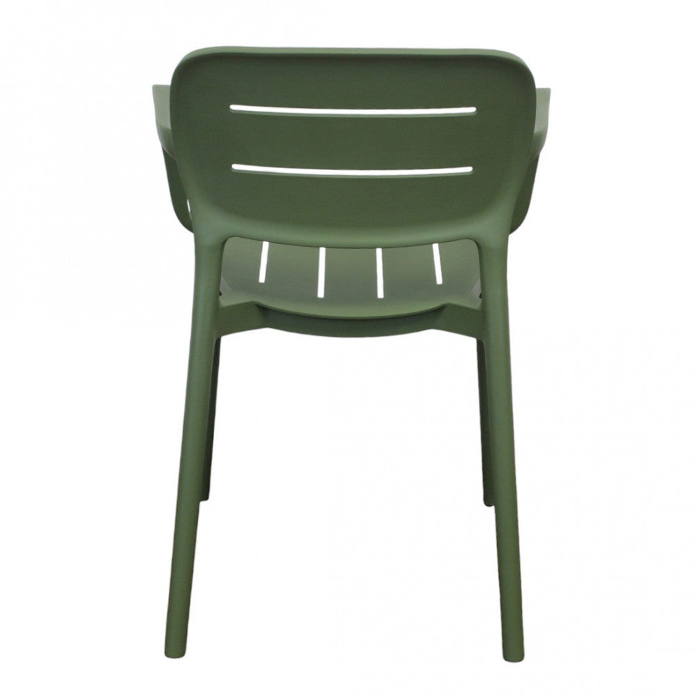 Vista posteriore diretta della poltrona Giselle verde oliva, con focus sulle linee pulite del design moderno.