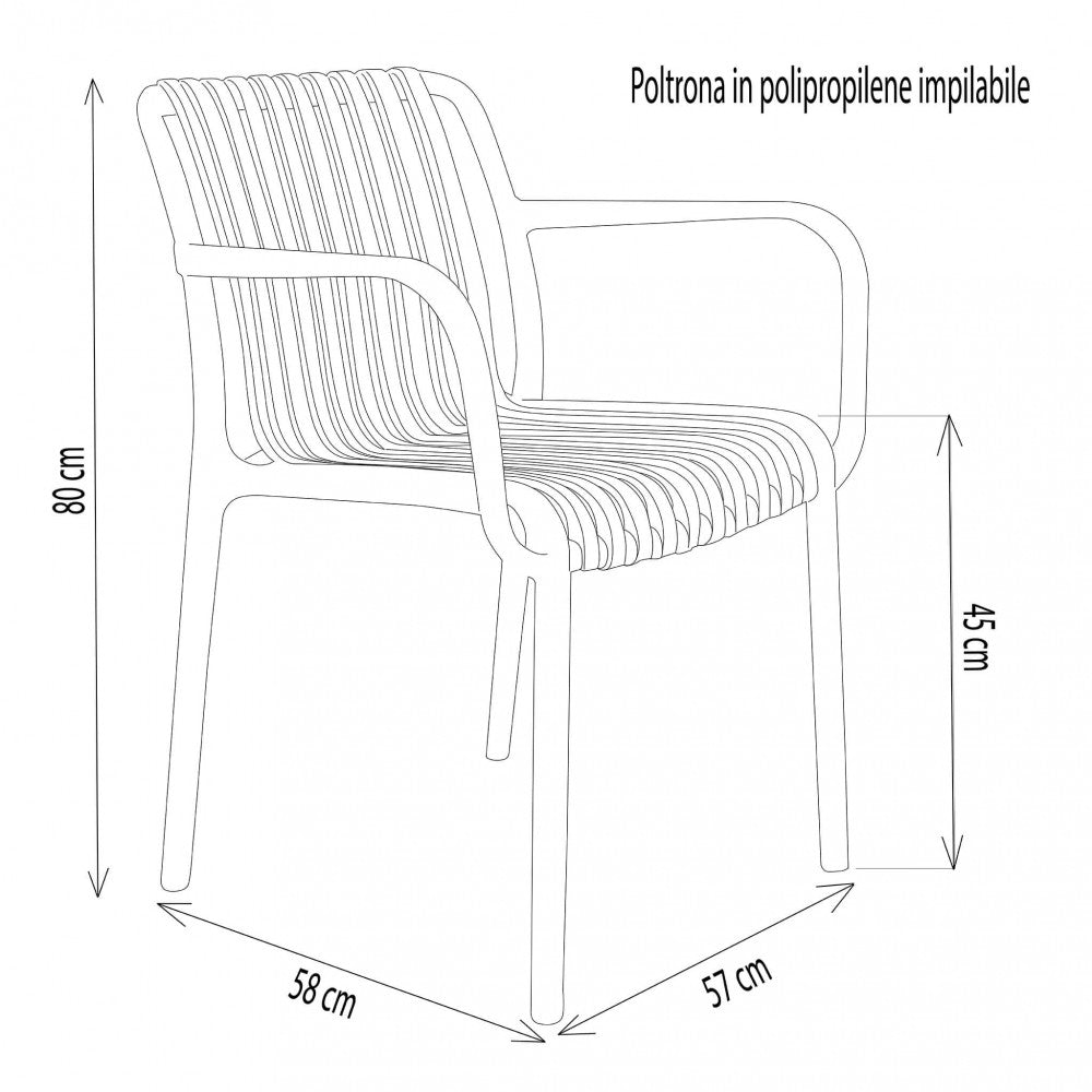 Disegno tecnico della poltrona Giuly con dimensioni: larghezza 58 cm, profondità 57 cm, altezza 80 cm.
