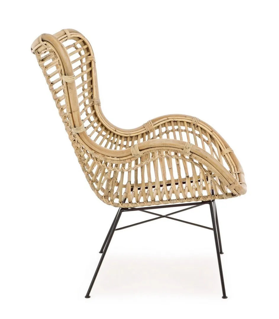 Poltrona in Giunco naturale intrecciato colore Naturale con gambe in Acciaio verniciato a polvere, ideale per salotto e veranda, vista laterale