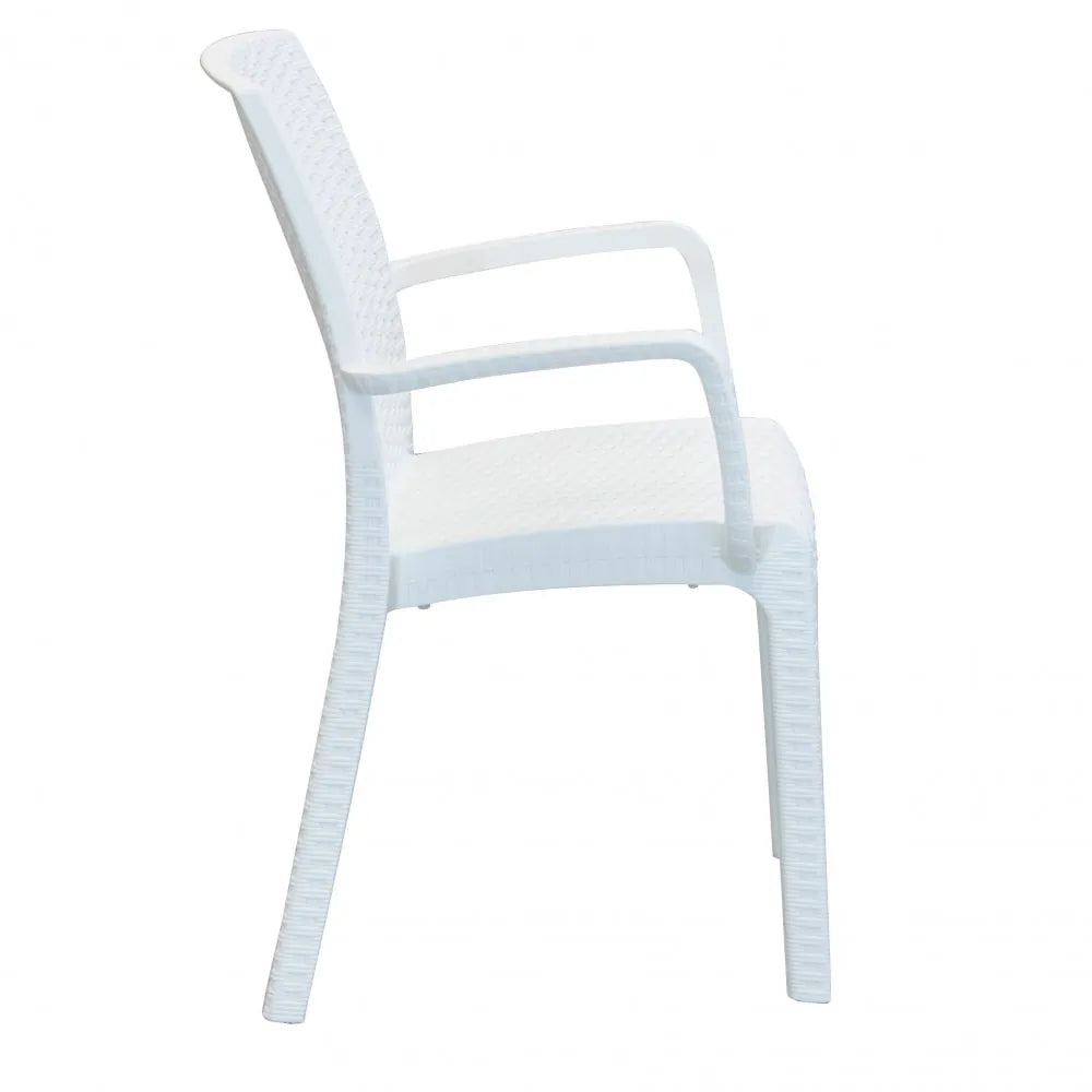 Poltrona Indiana in poly rattan bianco con braccioli, impilabile per esterni di design, vista laterale